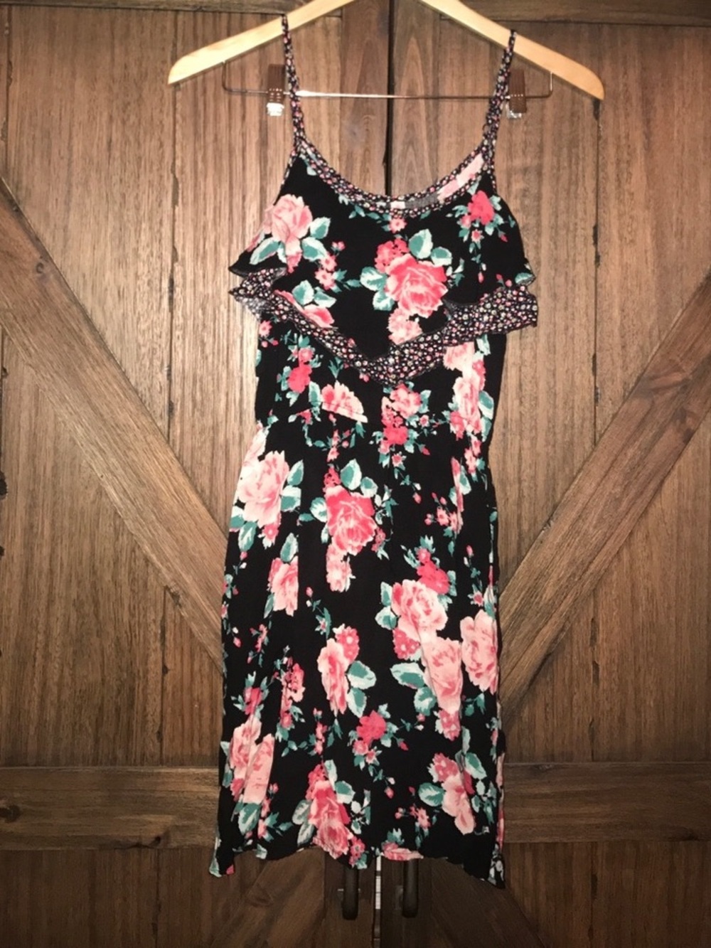 Forever 21 Black Floral Ruffle Mini Dress with Pink Roses